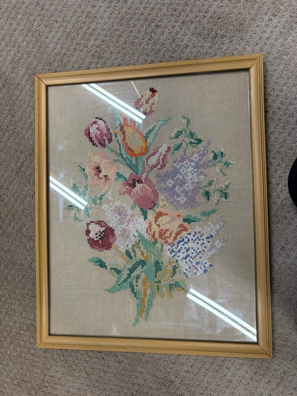 Vintage Hand Crafted Gold Frame Floral Needlepoint Tulips and Lilac - Picture 4 of 11